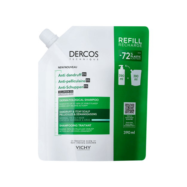 Vichy Dercos DS pretblaugznu šampūns normālai un taukainai galvas ādai, uzpildes iepakojums, 390 ml