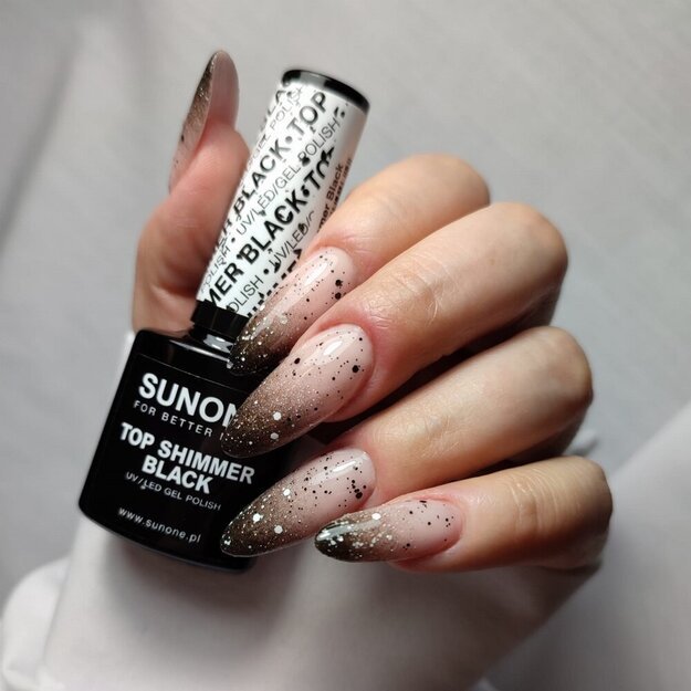 Gelinio nagų lako viršutinis sluoksnis Sunone Top Shimmer Black, 5 g 2