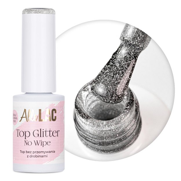 AlleLac Silver Glow Top Glitter no-wipe spīdīgs virskārtas pārklājums ar sudraba spīdumiem HEMADi-HEMA Free, 7 g